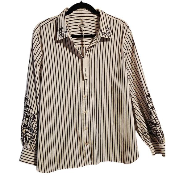 Chico’s Poplin Shirt – Size 4 (20/22) – Chocolate Fondant Striped Eyelet - Picture 1 of 9